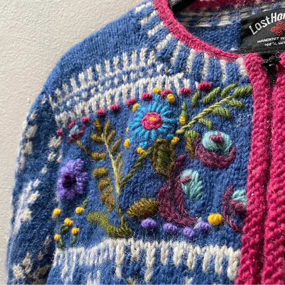 Vintage Lost Horizons Wool Floral Embroidered Fisherman Fair Isle Zip Sweater XL - Picture 4 of 14